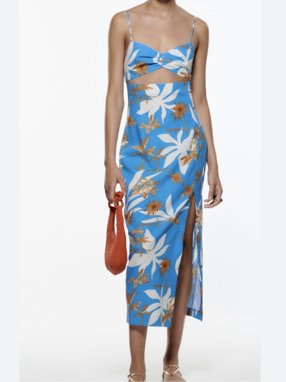 Zara Linen Blend Floral Cutout Midi Dress Women’s XS